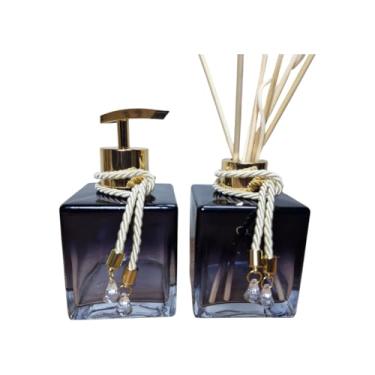 Imagem de Kit Lavabo Vidro Degradê Preto 250Ml com Difusor, Saboneteira, Aromatizador e Dispenser Porta Sabonete Líquido Organizador Para Banheiro - Luiggi Presentes® (Preto e Dourado)