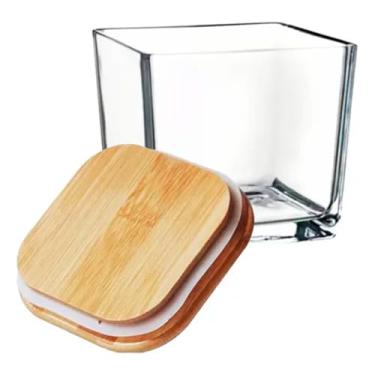 Imagem de Kit 4 Potes Vidro Quadrado 120ml Tempero Condimentos Tampa Bambu Vedação Organizador Tampa Bambu