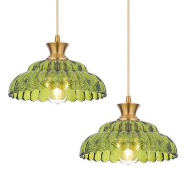 Imagem de Mgcanyu 2 unidades de luzes pendentes de vidro, iluminação vintage de 30 cm, luminárias de vidro verde, lustre de vidro moderno dourado escovado para teto suspenso para cozinha, ilha, sala de jantar