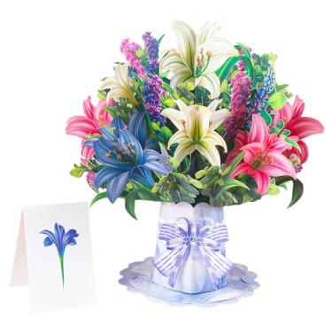 Imagem de Sharonlily Cartão comemorativo de buquê de flores 3D, lírios e lavanda, cartão de buquê pop-up Forever Lily com nota e envelope em branco, presente floral feito à mão para aniversário, dia das mães