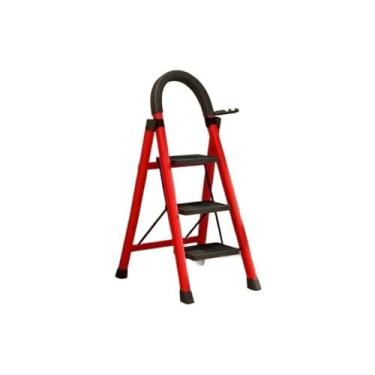 Imagem de Escada de 4 degraus de aço resistente com design de trava de segurança corrimãos antiderrapantes degraus largos multiuso dobrável escada portátil cozinha doméstica, banco dobrável preto + vermelho