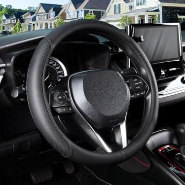 Imagem de SEG Direct Capa de volante para rodas de 37 a 38 cm, couro sintético respirável com laterais perfuradas, aderência antiderrapante, ajuste universal para carros e SUVs, preta