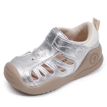 Imagem de TARANIS Sandálias de couro para meninos e meninas, bico fechado, sapatos esportivos de couro para uso ao ar livre, Prata, 16