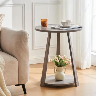 Imagem de CozyDH Mesa de canto redonda, mesa lateral estreita de madeira/pequeno café/sofá/sofá com prateleira inferior para sala de estar, quarto, mesa de cabeceira de madeira maciça, cinza