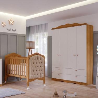 Imagem de Quarto de Bebê 2 Peças com Berço Capitonê e Guarda-Roupa 4 Portas 4 Gavetas Aquarella Espresso Móveis Marrom/Branco