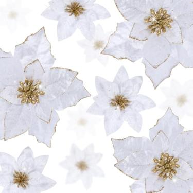 Imagem de Norme 18 peças, 3 tamanhos, flores de poinsétia com glitter, flores artificiais de poinsétia com clipes, enfeites de árvore de Natal para guirlanda de árvore de Natal, casamento, ano novo, decoração