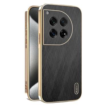 Imagem de Yarxiawin Capa de telefone para Oneplus 12R à prova de choque, textura de fio dourado para Oneplus 12R, capa de silicone fina galvanizada preta de couro anti-impressão digital (preto)