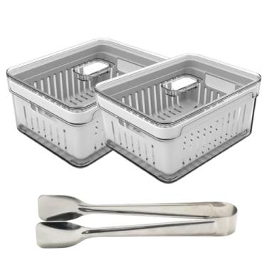 Imagem de Kit 2un Pote Organizador de Geladeira 2,2L Drenagem de Água Tampa Com Respiro + Pegador Inox Multiuso 18cm Pinça Frutas Verduras Legumes