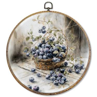 Imagem de Pugwak Decoração de parede redonda de mirtilo vintage, arte em tela francesa emoldurada, arte rústica de frutas de casa de campo, decoração de parede para cozinha, casa, sala de estar, quarto, 25,4 x