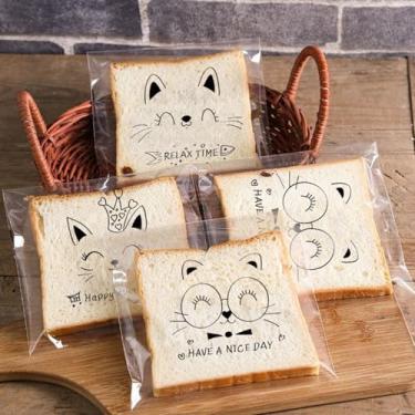 Imagem de 100 peças de sacos de embrulho para presente de 16 x 13 cm - celofane autoadesivo | Para doces, rosquinhas, pão, chocolate e biscoitos | 3 designs de gatos | Perfeito para lembrancinhas de festas de