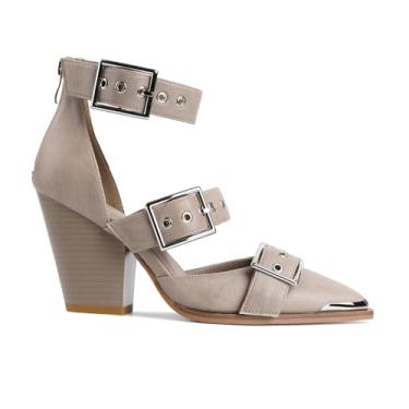 Imagem de Migpuel Sandálias femininas ocidentais com salto plataforma grosso, bico fino, tira no tornozelo, fivela de metal, salto com tiras, confortável, moderno, casual, sapato social, Cinza, 34