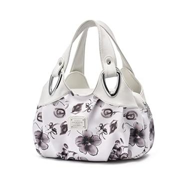 Imagem de NICOLE & DORIS Bolsas femininas modernas elegantes com alça superior para mulheres, bolsas de ombro florais de couro PU, Alça branca/flor cinza, Large