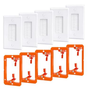 Imagem de Pacote com 5 placas de parede escovadas com suporte de montagem de baixa tensão, gerenciamento de cabo na parede para TV/HDMI/coaxial/alto-falante/cabo Ethernet (branco individual)