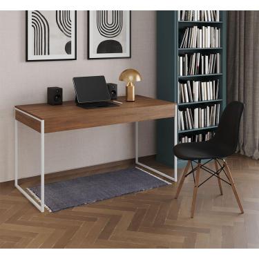 Imagem de Mesa De Escritório Industrial Amêndoa 137X53Cm Base Ferro Branco Com 1 Cadeira Preta