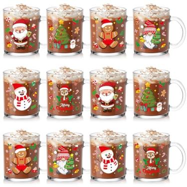 Imagem de Baderke 12 peças de canecas de café de vidro de Natal com alça 473 ml conjunto de canecas de vidro de Natal de inverno boneco de neve floco de neve xícara de café árvore de natal copo de Papai Noel