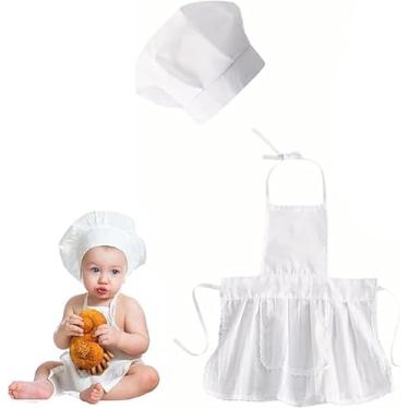 Imagem de Sndperiexam 1 conjunto de avental de bebê branco e chapéu de chef, roupa infantil, mini chef, fantasia branca de padeiro, adereços para sessão de fotos para recém-nascidos (meninas, 3 a 12 meses)