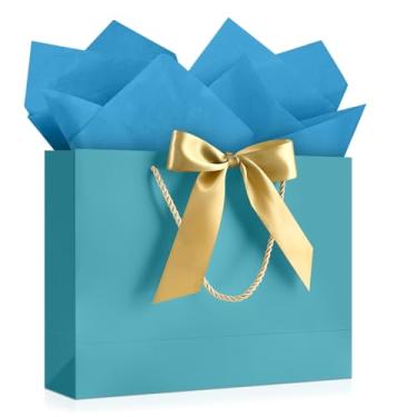 Imagem de YoungTree Saco de presente azul com papel de seda e 1 fita de cartão comemorativo, saco de presente de papel portátil com alças, sacos de presente de aniversário tamanho médio, sacos de presente para