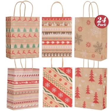 Imagem de ETIONFUN Sacos pequenos de presente de Natal, pacote com 24, 6 sacos de papel kraft sortidos com alças, sacolas de lembrancinhas a granel para sala de aula, escritório, família e festa (23,9 cm x 17,8