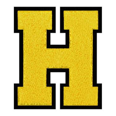 Imagem de 1 aplique amarelo de 15 cm de ferro em chenille com borda preta – adesivos do alfabeto para roupas, jaquetas, mochilas, chapéus para decoração personalizada, nome personalizado e artesanato. (H)