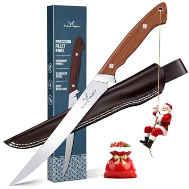 Imagem de TAN REN Faca de filete para peixe de 23 cm, facas de pesca profissionais de aço inoxidável com bainha para filetagem e limpeza, faca de filé para carne com cabo ergonômico de madeira, presente de Dia