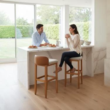 Imagem de Kit 2 Banquetas Onix Eucalipto Maciço Design em Linho Corino