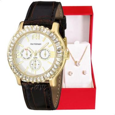 Imagem de Kit Relógio Feminino Champion Ana Hickmann Analógico Preto Couro AH300