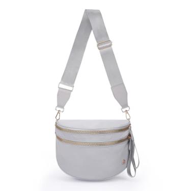 Imagem de Bolsa transversal espaçosa de nylon para mulheres, pochetes com alças ajustáveis, cor pura, Cinza claro puro