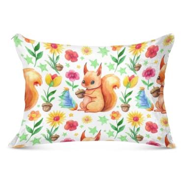 Imagem de Linda capa de travesseiro de flanela de animais de esquilos decorativa para travesseiro padrão Queen King Capas de travesseiro para cama floral, tamanho Queen, 50,8 cm x 76,2 cm