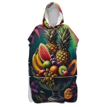 Imagem de Poncho de surfe plus size trocador de roupão adulto toalha de banho com capuz bonito frutas vibrantes frutas coloridas ponchos femininos com capuz