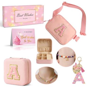 Imagem de Tindisonka Conjunto de pochete rosa para meninas – Bolsa tiracolo 2 em 1 com caixa de joias, colar, pulseira e chaveiro, lindo presente personalizado para idades de 8 a 12 anos