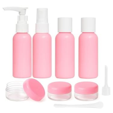 Imagem de Kit de Viagem 9 Peças Rosa Frascos Portáteis para Cosméticos Recipientes para Líquidos e Cremes Mini Frascos Reutilizáveis para Mala Mão