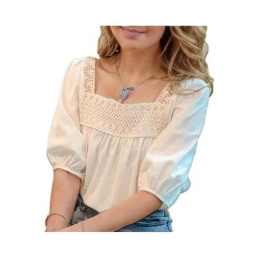 Imagem de Blusa de renda folhada vintage feminina, tops casuais soltos, gola qua