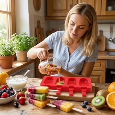 Imagem de Conjunto de moldes de silicone para picolé, 1 peça de moldes de sorvete com 50 palitos de madeira para picolé, picolé, bolo vermelho