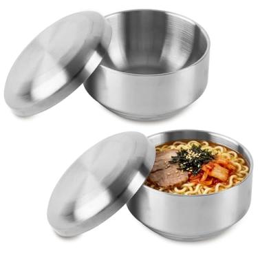 Imagem de SIBAO Pacote com 2 tigelas de arroz de aço inoxidável com tampa, tigela isolada de parede dupla, design resistente ao calor, tigela de sopa de arroz de metal para cozinha e restaurante, prata, 11,5 cm