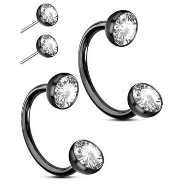 Imagem de OUFER 2 argolas de nariz de aço cirúrgico 316L com pedras duplas, 20 g, ferradura sem rosca, preta, para mulheres, homens, septo, lábio, sobrancelha, hélice, daith, torre, piercing joia com parte