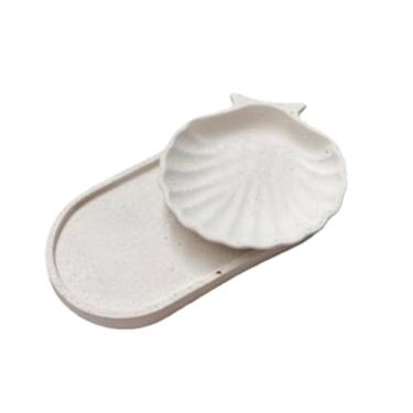 Imagem de Conjunto bandejas decorativas de cimento artesanal para Sala Quarto Cozinha Banheiro Lavabo Home Office - Estilo Moderno Sofisticado em Cinza com Detalhe Listra Rose Gold(Bandeja + Concha Calico)