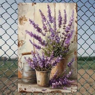 Imagem de Buquês de lavanda vasos rústicos _1 arte de parede de alumínio rústico e placa de metal - 20 x 30 cm decoração vintage para ambientes internos e externos para casa, escritório, café, quintal e jardim