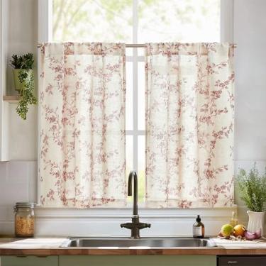 Imagem de jinchan Cortinas florais de cozinha, 91 cm, de linho, para fazenda, café, meia janela, filtragem de luz sobre a pia, para sala de estar, lavanderia, trailer, bolso para varão, 2 painéis, vermelho
