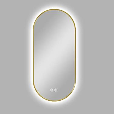Imagem de Espelho de banheiro espelho de parede para banheiro, espelho de parede de LED, espelho de maquiagem de banheiro com luz iluminada, regulável, antinevoeiro, moldura de metal oval dourada