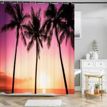 Imagem de Cortinas de chuveiro Sea Beach Coconut Tree Cortina de banheiro com ganchos Decoração de casa 3D Cortina de chuveiro à prova d'água 140 x 214 cm/L x A cortina de chuveiro de tecido impermeável