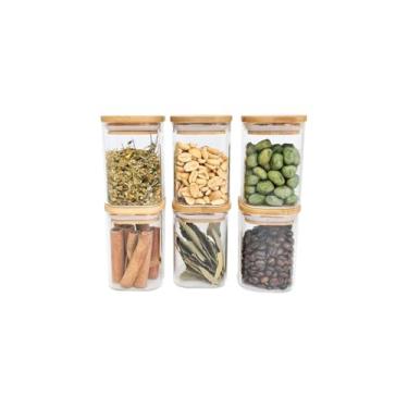 Imagem de Oikos - Kit 6 Potes de Vidro 200ml com Tampa de Bambu Herméticos Quadrados