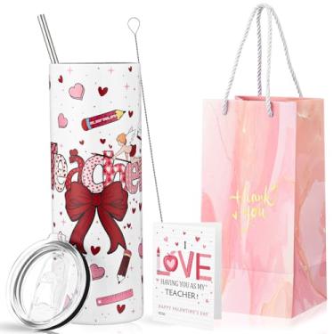 Imagem de Patelai Conjunto de 3 peças de presente de dia dos namorados para professores, inclui copo de aço inoxidável skinny de 590 ml com cartão de felicitações de palha rosa bolsa de agradecimento de dia dos