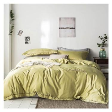 Imagem de Conjunto de lençóis de cama de cetim rayon com bordado verde escuro sólido moderno, lençol de cama queen king, cama de luxo em uma bolsa (King amarelo)