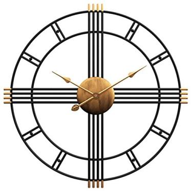 Imagem de U5GAAALPPQ9 Relógio de parede vintage grande de metal silencioso sem tique-taque decorativo relógio de parede para sala de estar, escritório, hotel - preto + dourado retrô (preto + dourado retro)