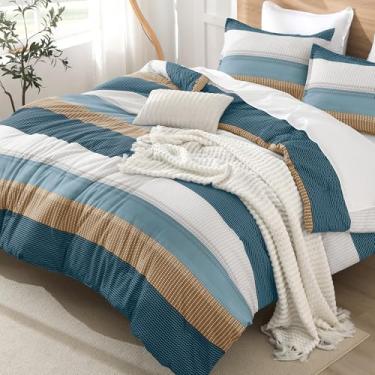 Imagem de Litanika Conjunto de edredom casal, verde, amarelo, 3 peças, leve, colorido, listrado, fofo, conjunto de cama para todas as estações