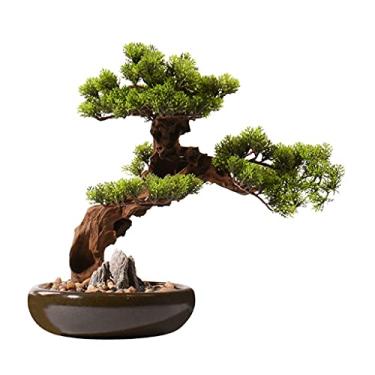 Imagem de SLGGPJBU Plantas artificiais planta artificial moderna nova simulação chinesa bem-vindo pinheiro falso planta verde ornamentos sala de estudo ornamentos zen escritório bonsai bonsai pinheiro
