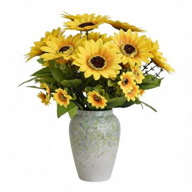Imagem de hopeme Arranjo de girassóis artificiais de 35,5 cm em vaso de cerâmica salpicada verde e azul – Peça central floral de girassol sintético para decoração de casa, mesa, prateleira e escritório
