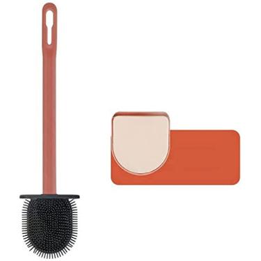 Imagem de Conjunto de 2 peças de escova de vaso sanitário de silicone flexível para escova de descarga conjunto de acessórios ferramenta de limpeza de plástico borracha suporte de escova de banheiro (rosa)