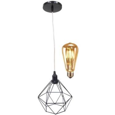 Imagem de Pendente Aramado Diamante Lustre Cabo Cristal P Preto + Lãmpada Led ST