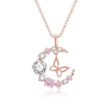 Imagem de NoraSynthia Colar feminino de lua crescente, borboleta e estrela, pingente de ouro rosa, aniversário ou dia das mães, presente de Natal para mulheres, esposa, mãe, namorada, senhora, Ouro roso